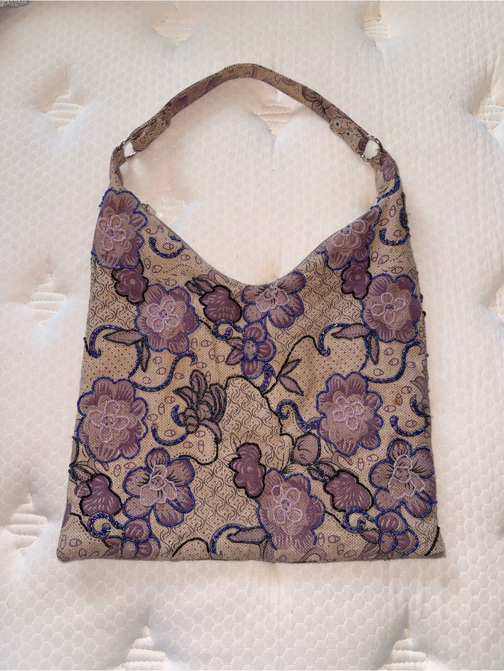 87. Embroidered Floral Shoulder Bag in Lavender and Beige